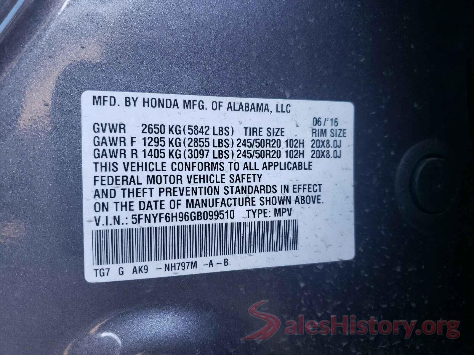 5FNYF6H96GB099510 2016 HONDA PILOT