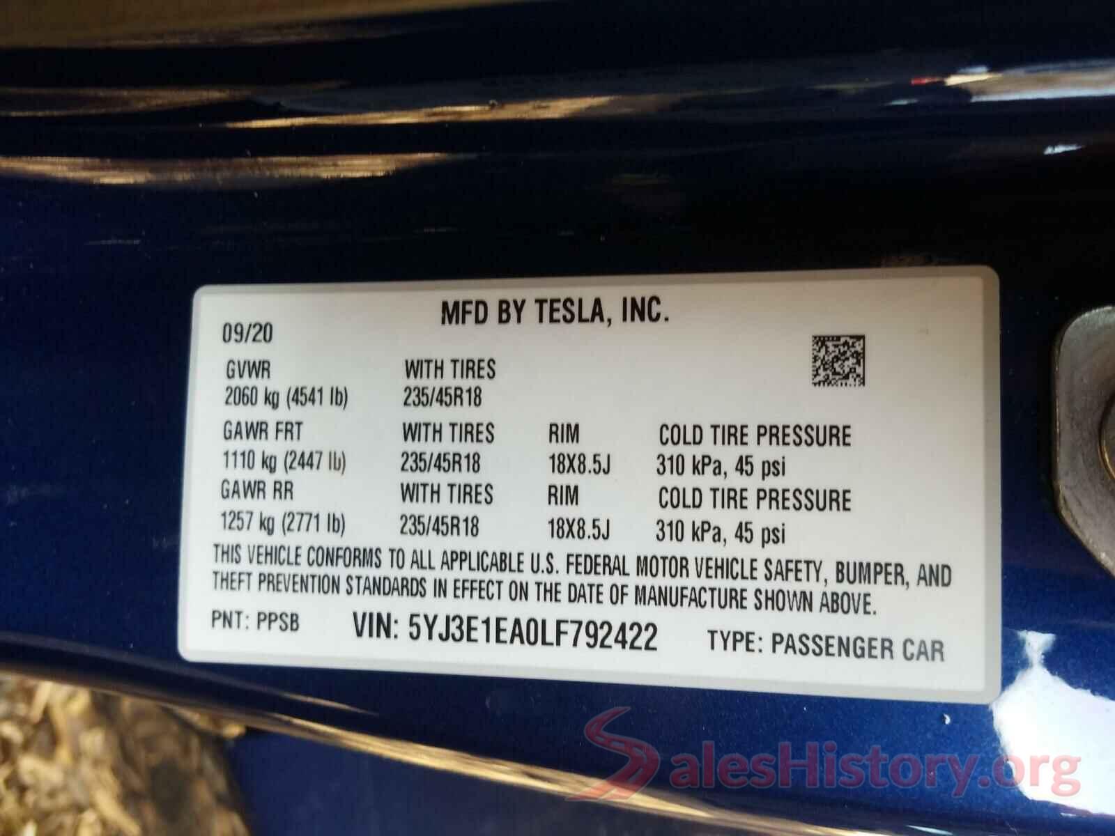 5YJ3E1EA0LF792422 2020 TESLA MODEL 3