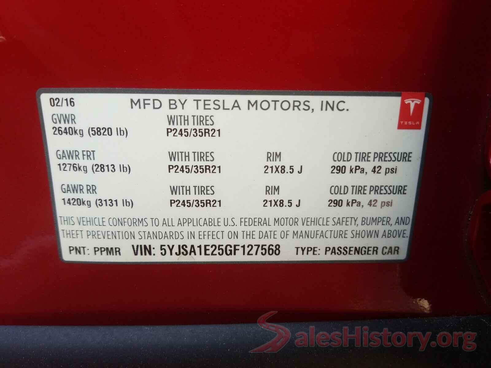 5YJSA1E25GF127568 2016 TESLA MODEL S