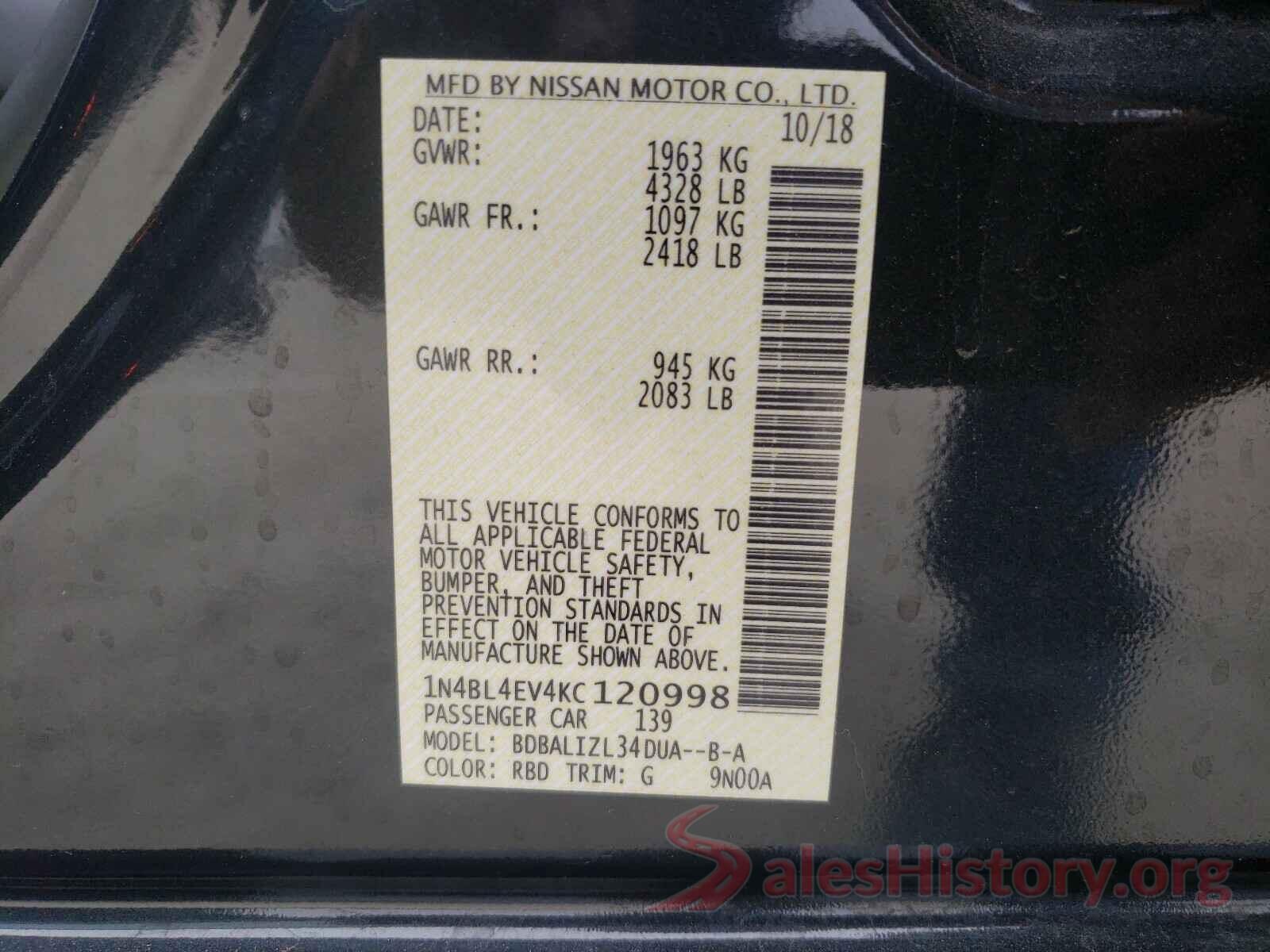 1N4BL4EV4KC120998 2019 NISSAN ALTIMA