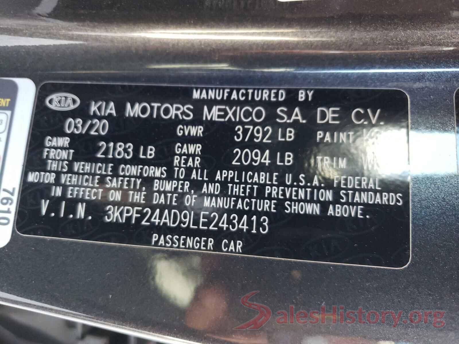 3KPF24AD9LE243413 2020 KIA FORTE