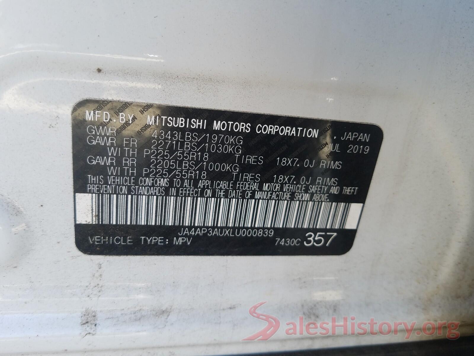 JA4AP3AUXLU000839 2020 MITSUBISHI OUTLANDER