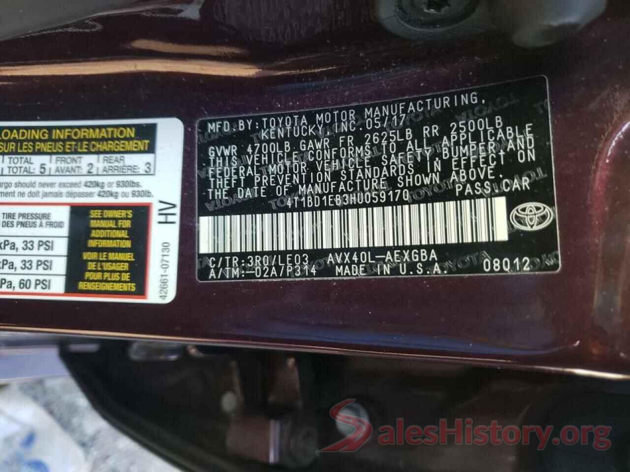 4T1BD1EB3HU059170 2017 TOYOTA AVALON