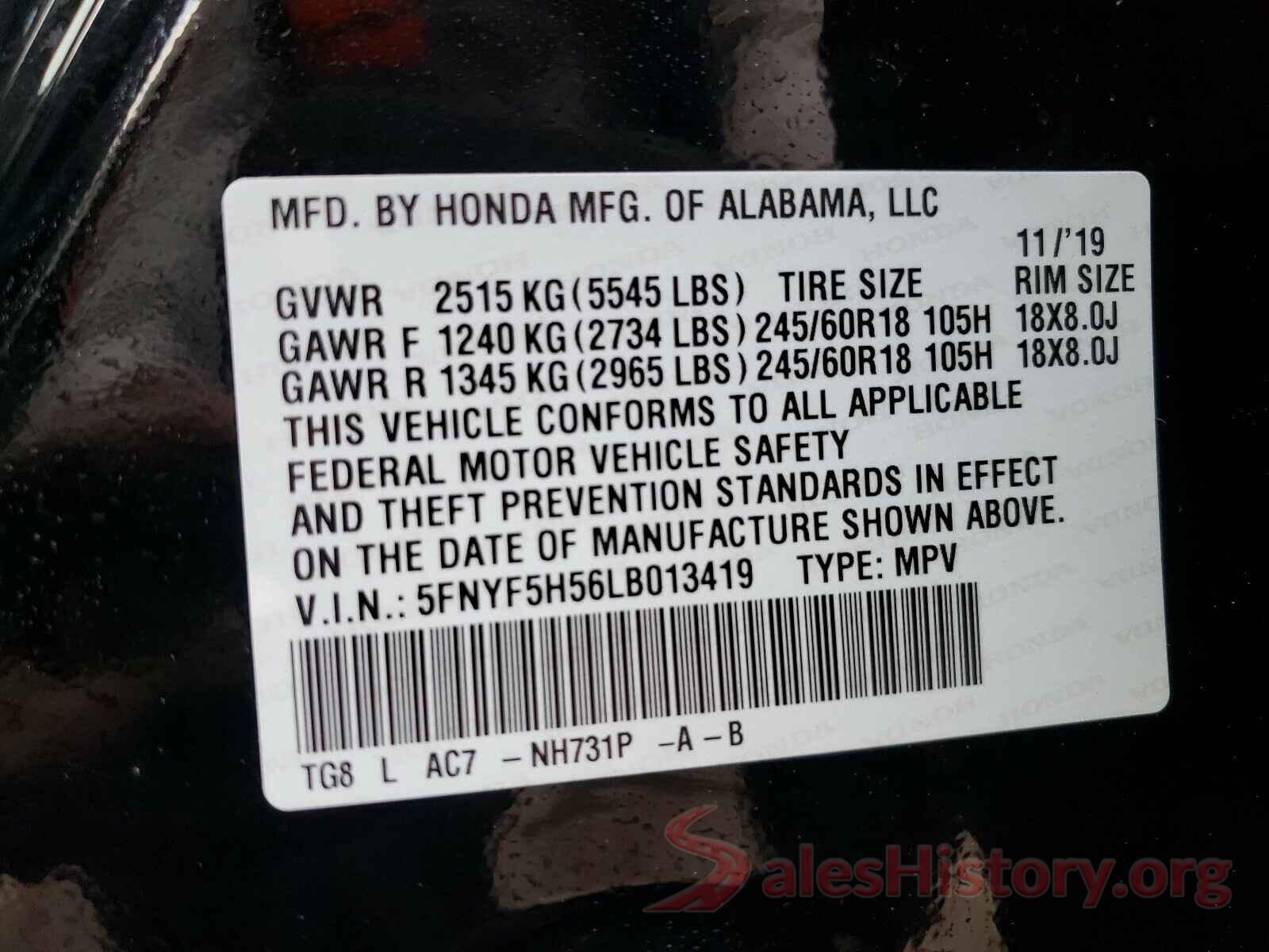 5FNYF5H56LB013419 2020 HONDA PILOT