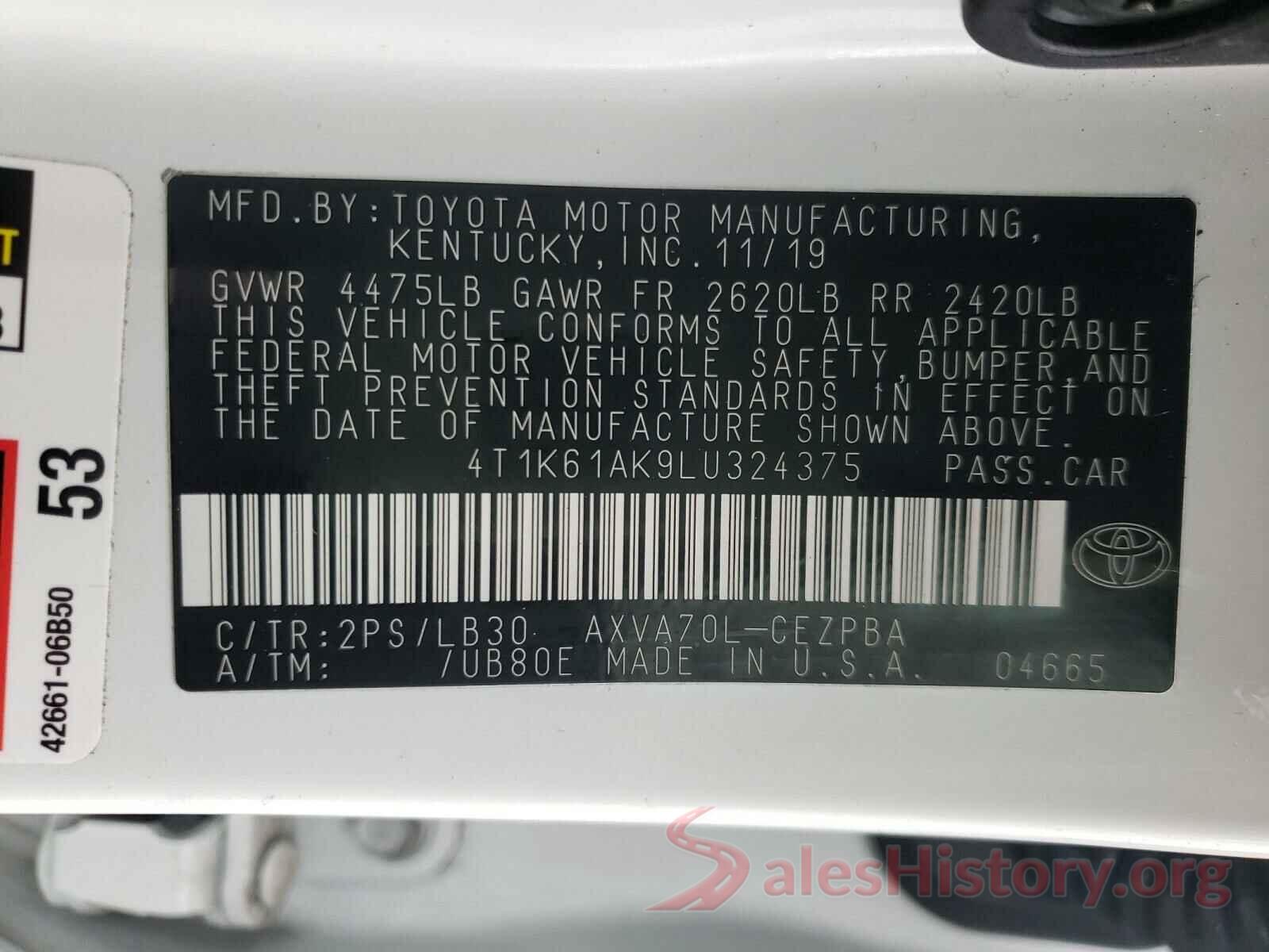 4T1K61AK9LU324375 2020 TOYOTA CAMRY