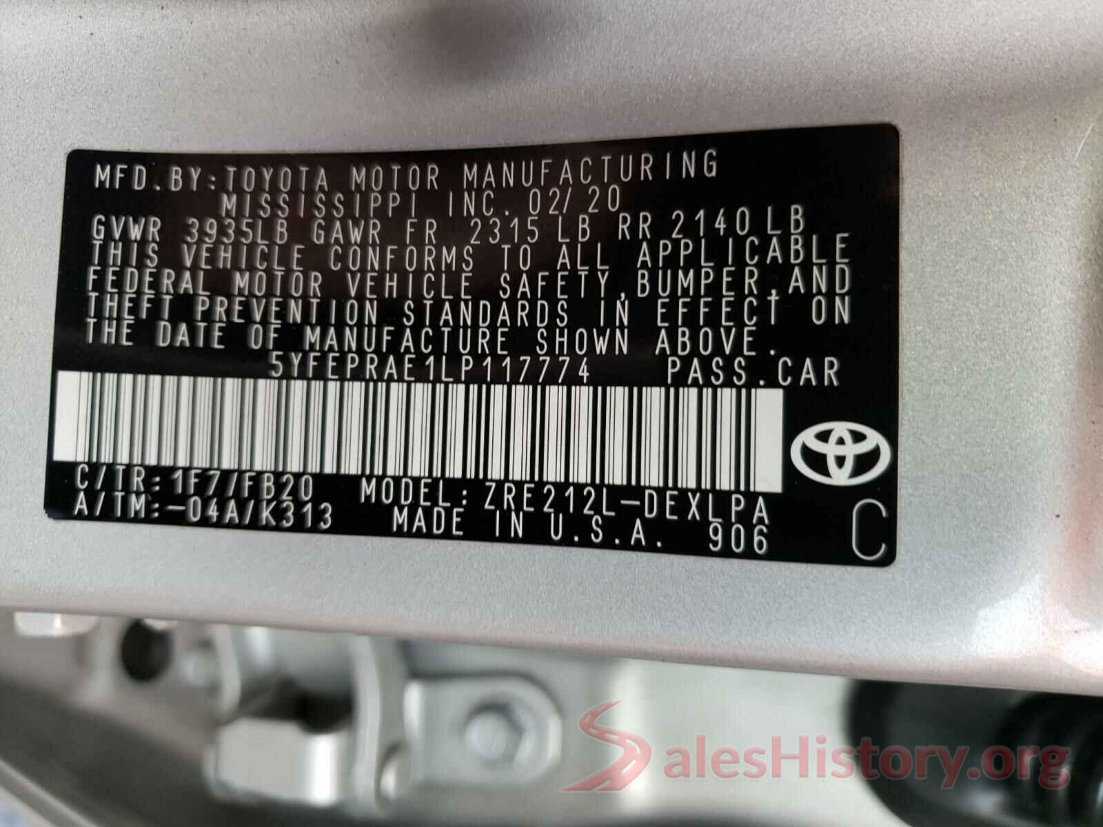 5YFEPRAE1LP117774 2020 TOYOTA COROLLA