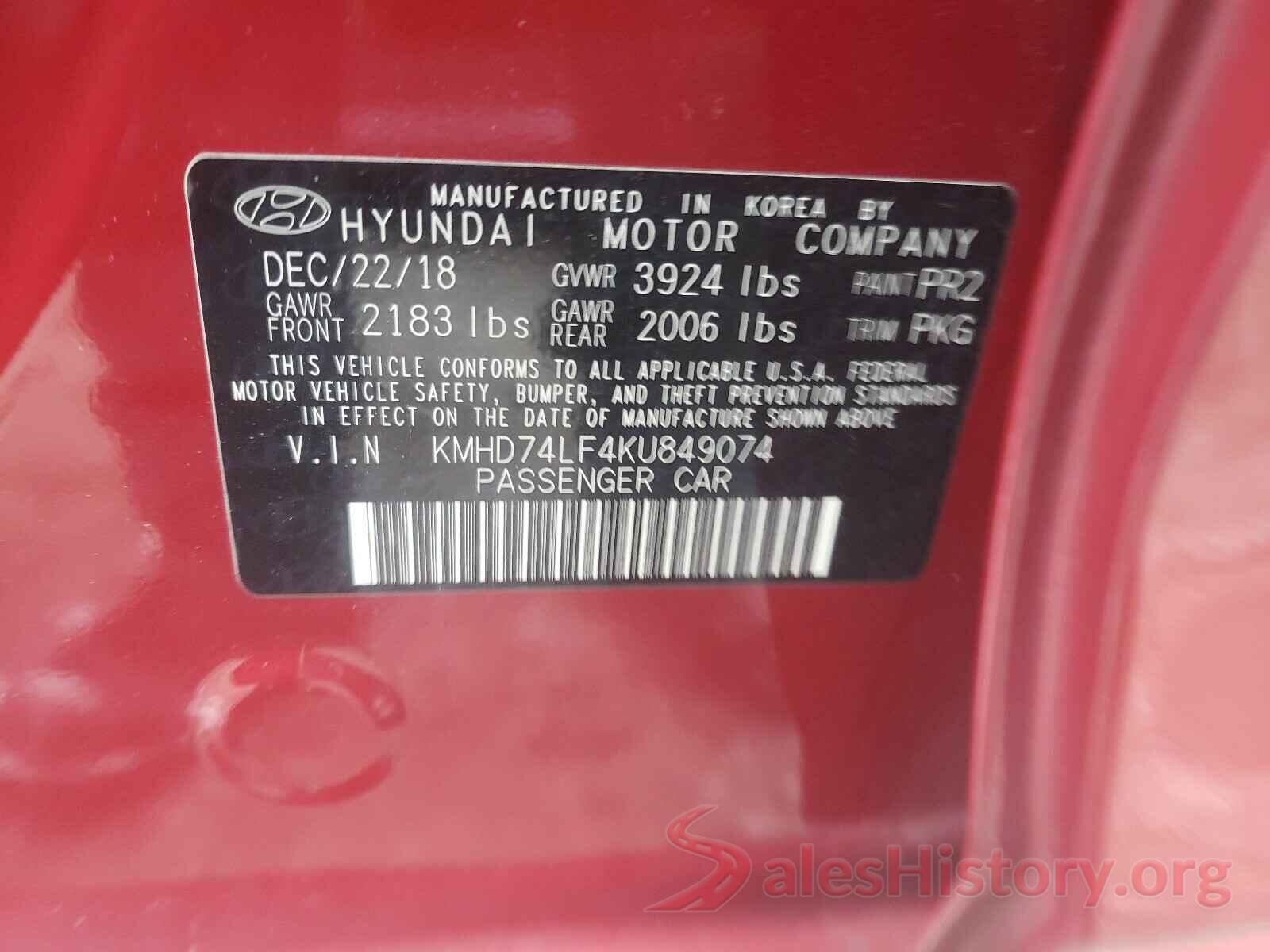 KMHD74LF4KU849074 2019 HYUNDAI ELANTRA