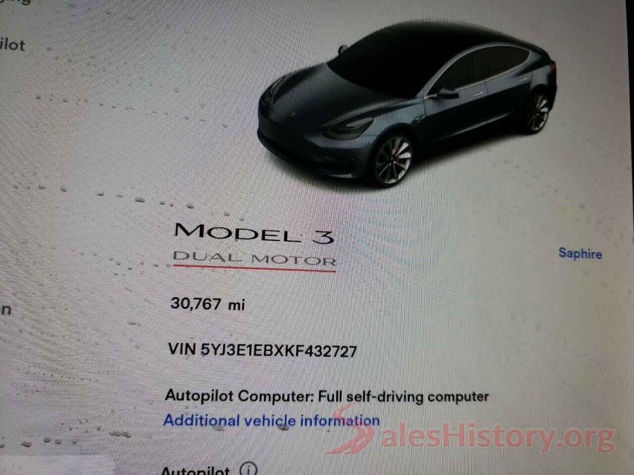 5YJ3E1EBXKF432727 2019 TESLA MODEL 3