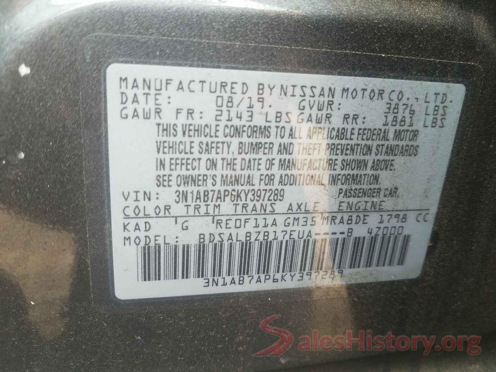 3N1AB7AP6KY397289 2019 NISSAN SENTRA