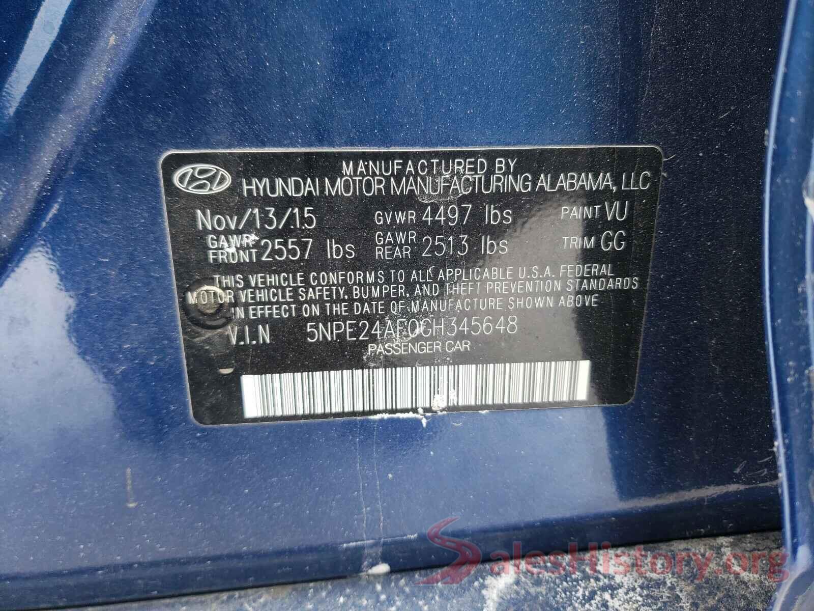 5NPE24AF0GH345648 2016 HYUNDAI SONATA