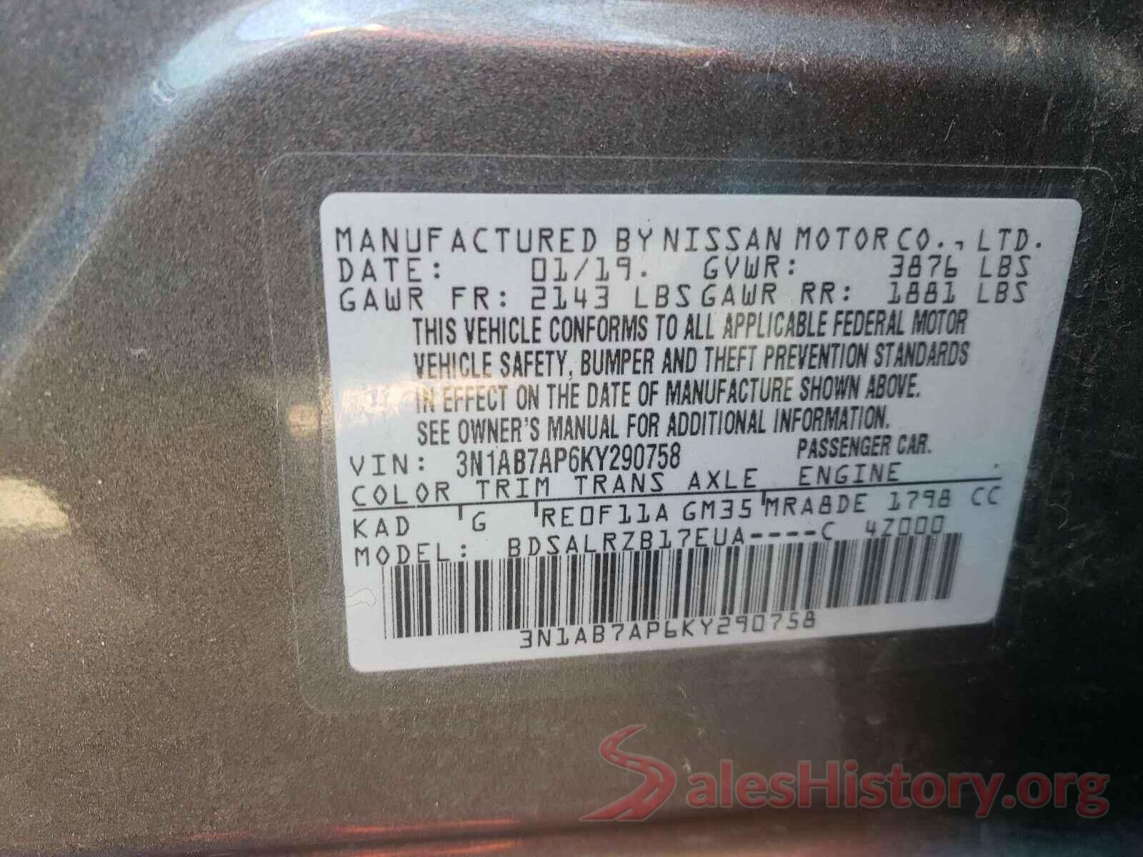 3N1AB7AP6KY290758 2019 NISSAN SENTRA