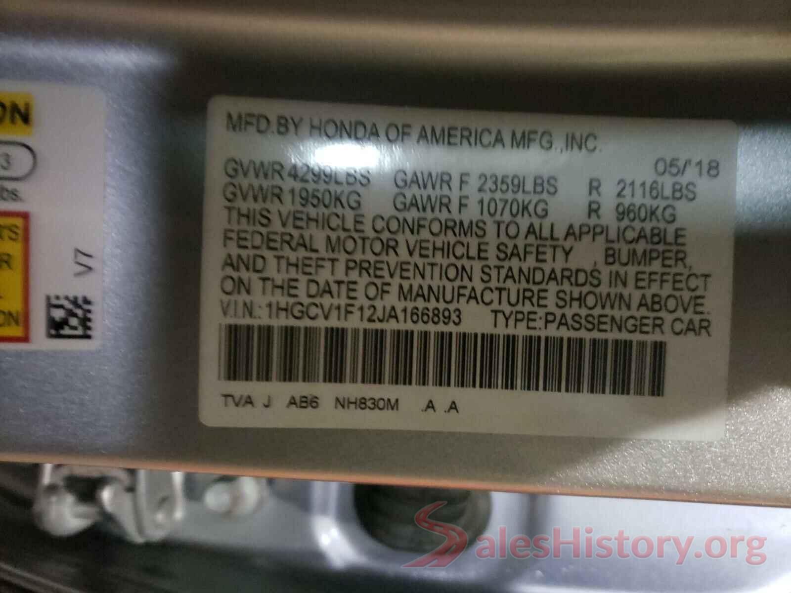 1HGCV1F12JA166893 2018 HONDA ACCORD