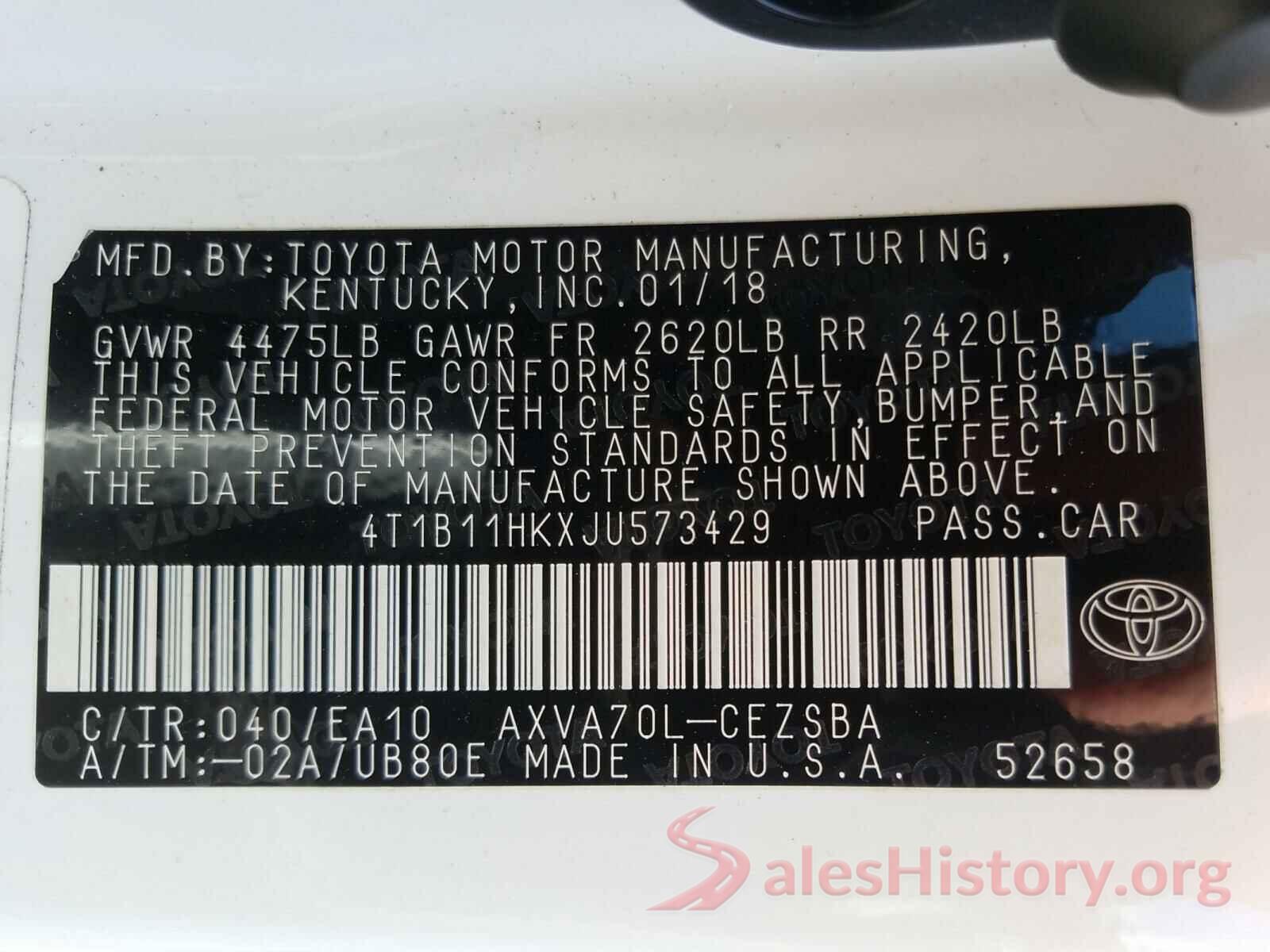 4T1B11HKXJU573429 2018 TOYOTA CAMRY