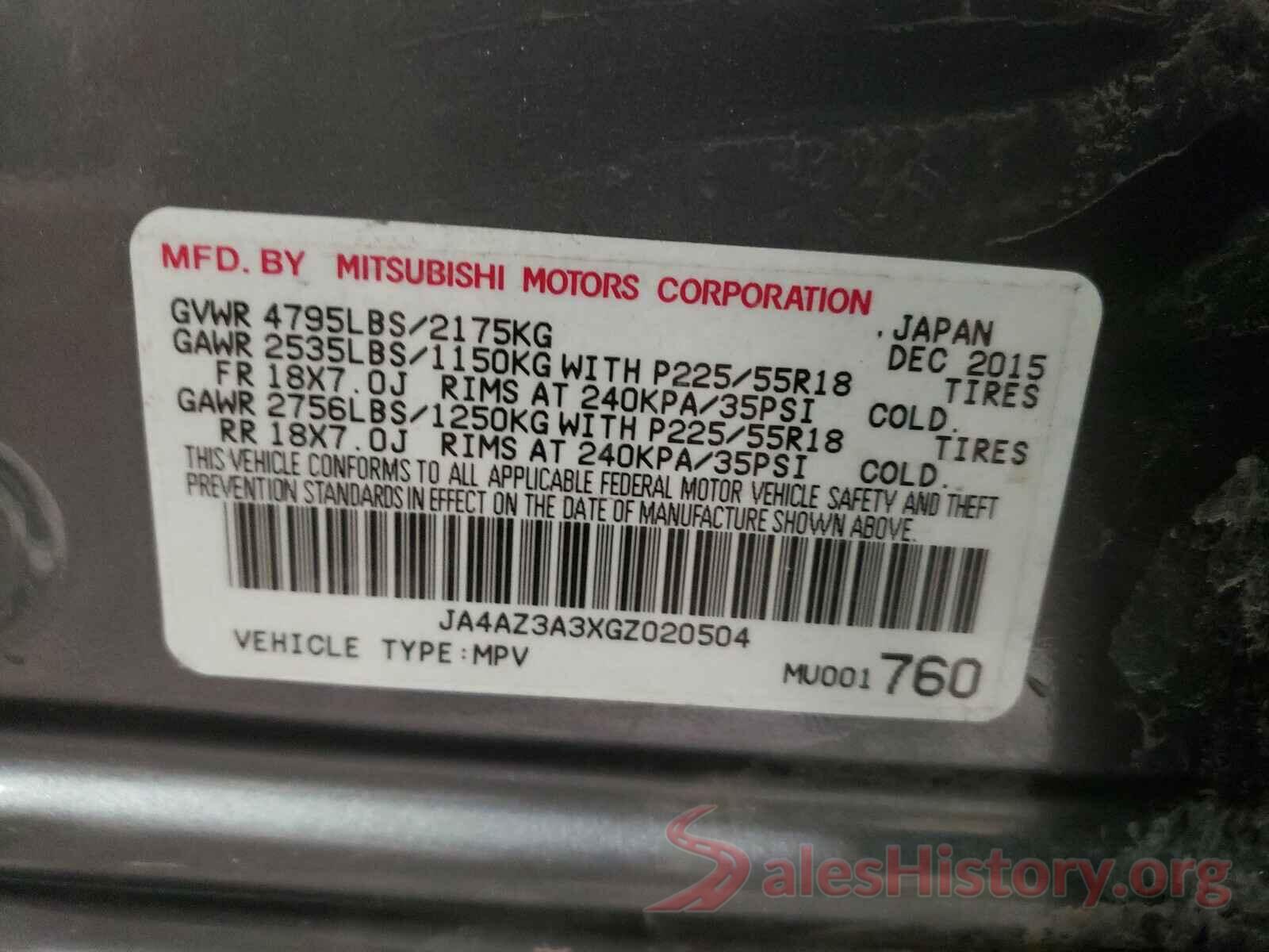 JA4AZ3A3XGZ020504 2016 MITSUBISHI OUTLANDER