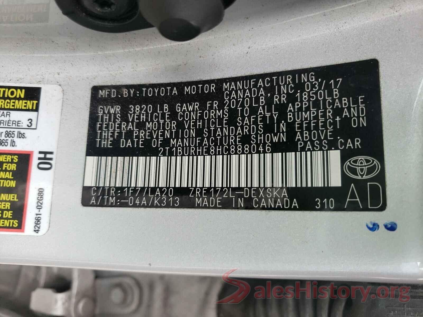 2T1BURHE8HC888046 2017 TOYOTA COROLLA