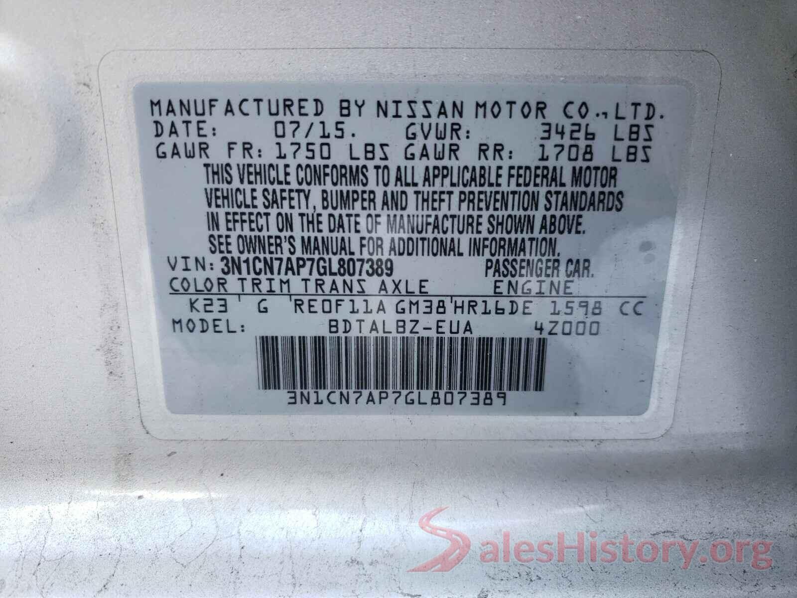 3N1CN7AP7GL807389 2016 NISSAN VERSA