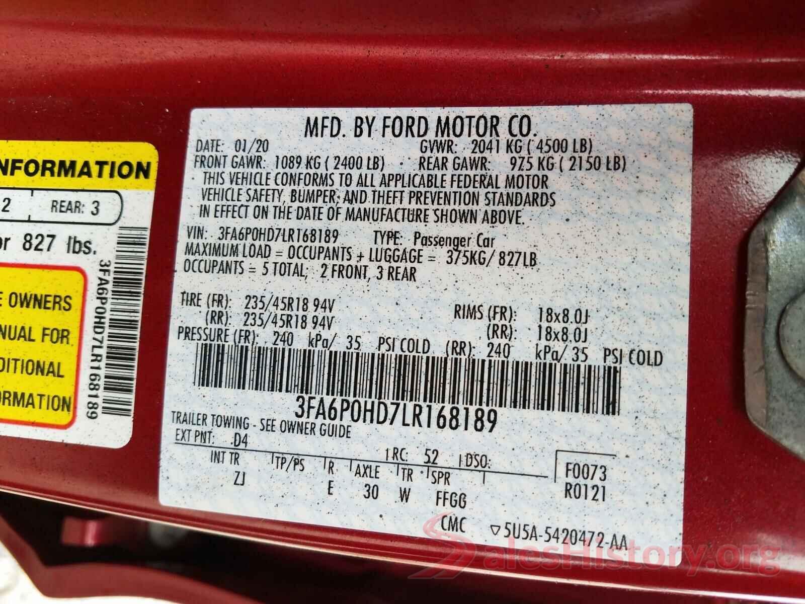 3FA6P0HD7LR168189 2020 FORD FUSION