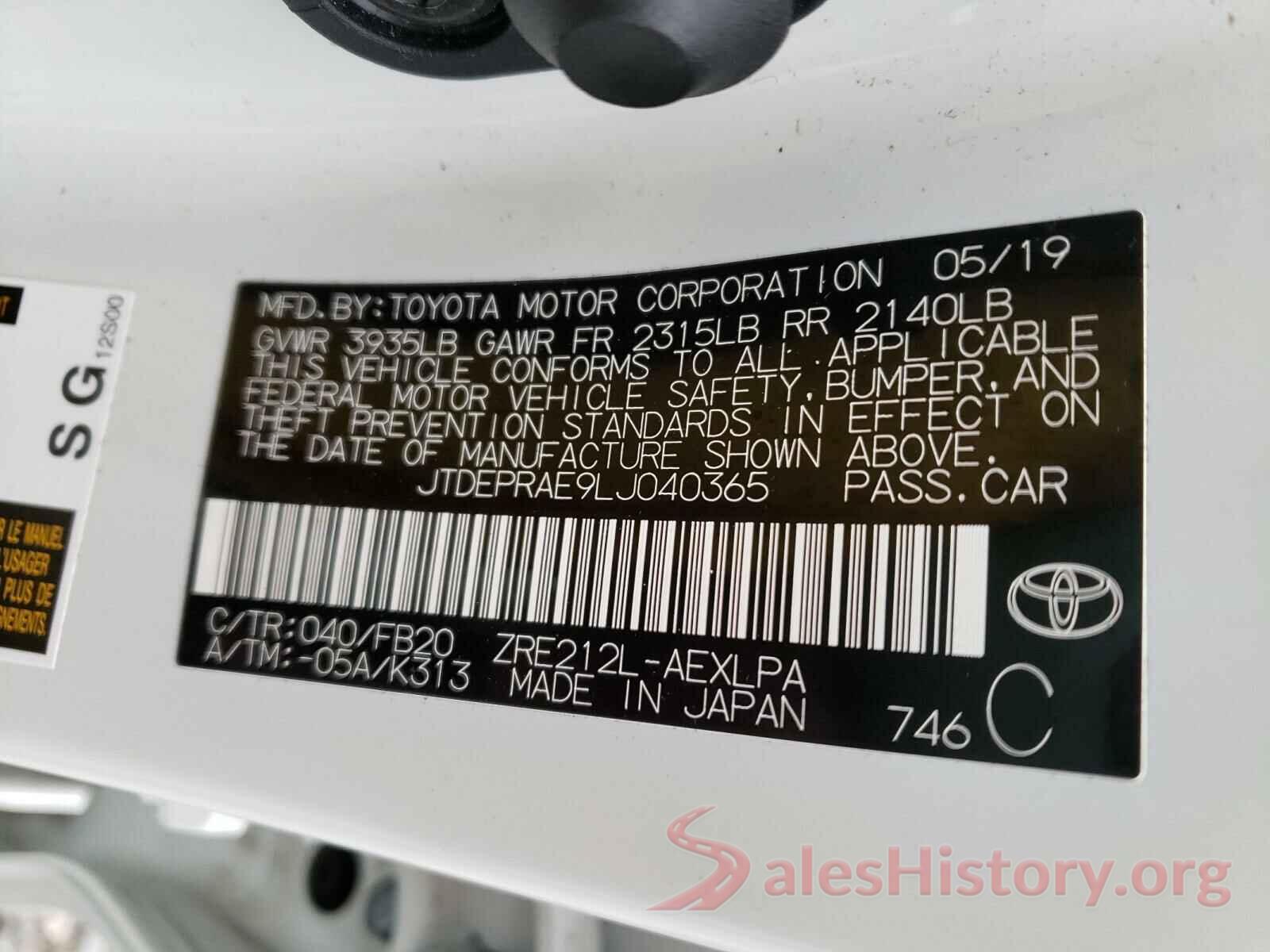 JTDEPRAE9LJ040365 2020 TOYOTA COROLLA