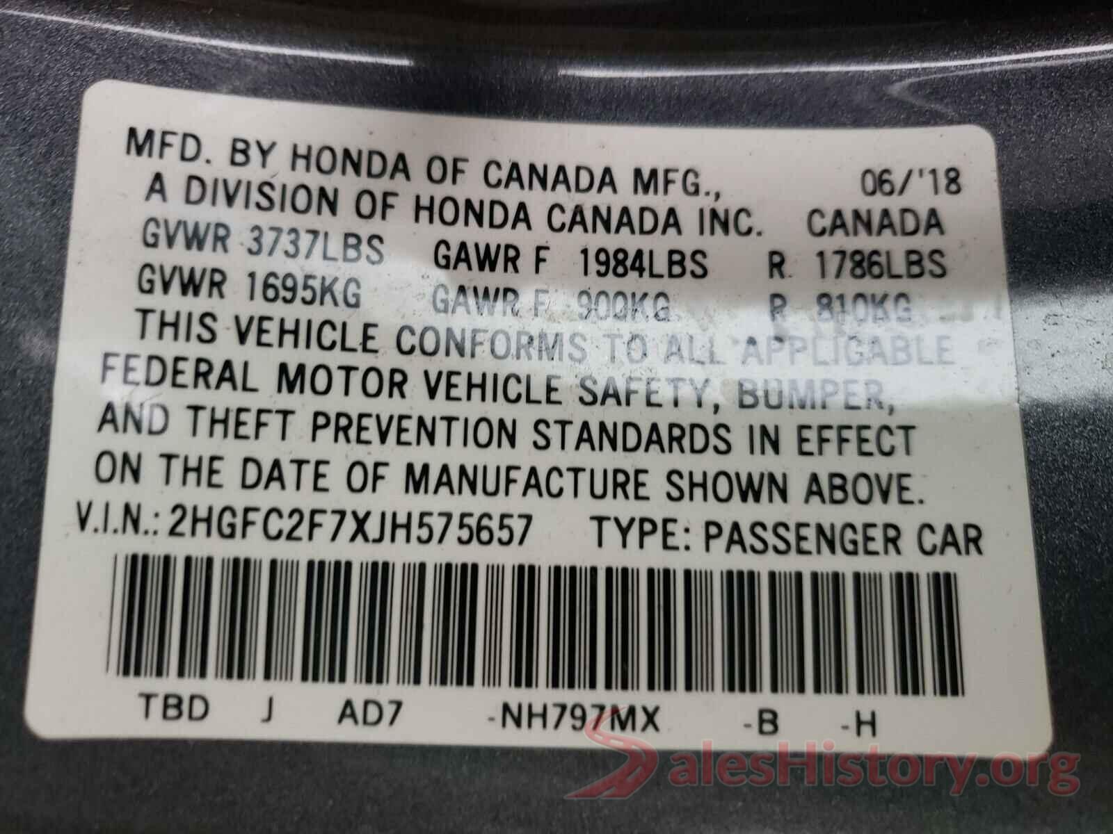 2HGFC2F7XJH575657 2018 HONDA CIVIC