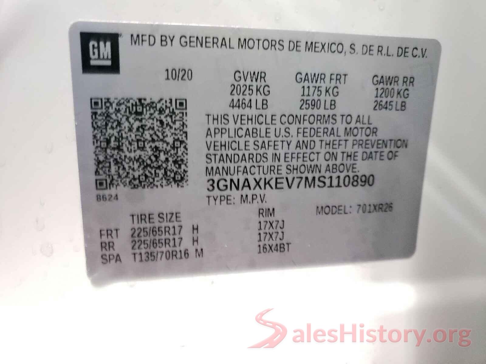 3GNAXKEV7MS110890 2021 CHEVROLET EQUINOX