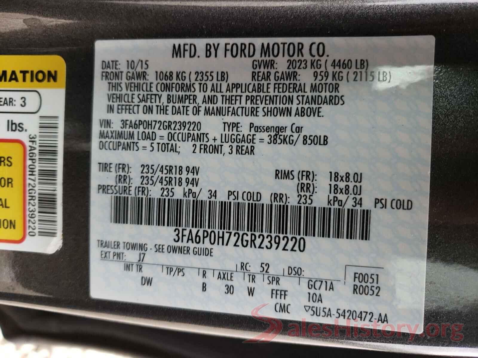 3FA6P0H72GR239220 2016 FORD FUSION