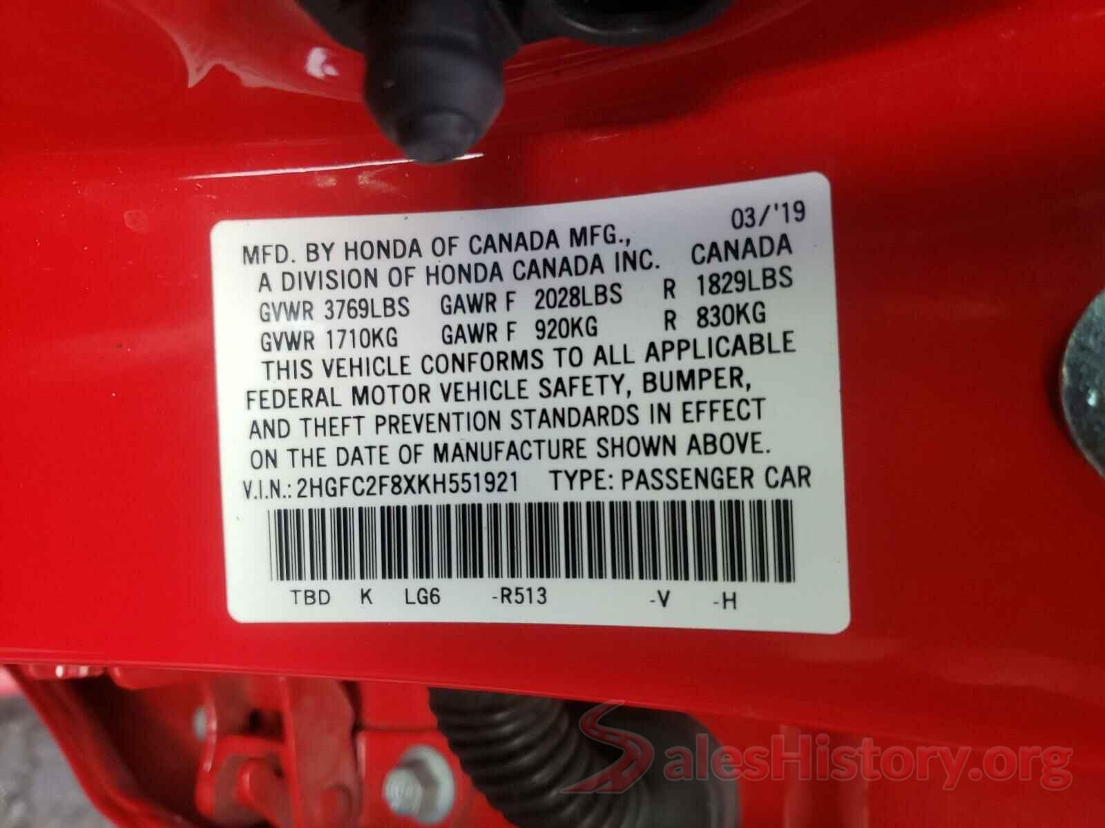 2HGFC2F8XKH551921 2019 HONDA CIVIC