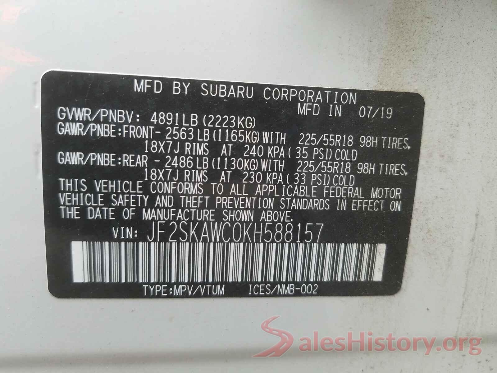 JF2SKAWC0KH588157 2019 SUBARU FORESTER