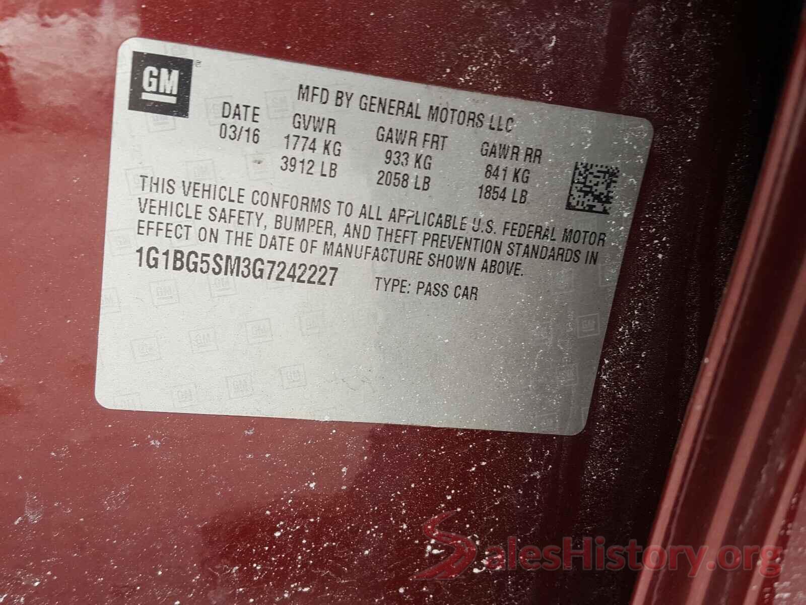 1G1BG5SM3G7242227 2016 CHEVROLET CRUZE