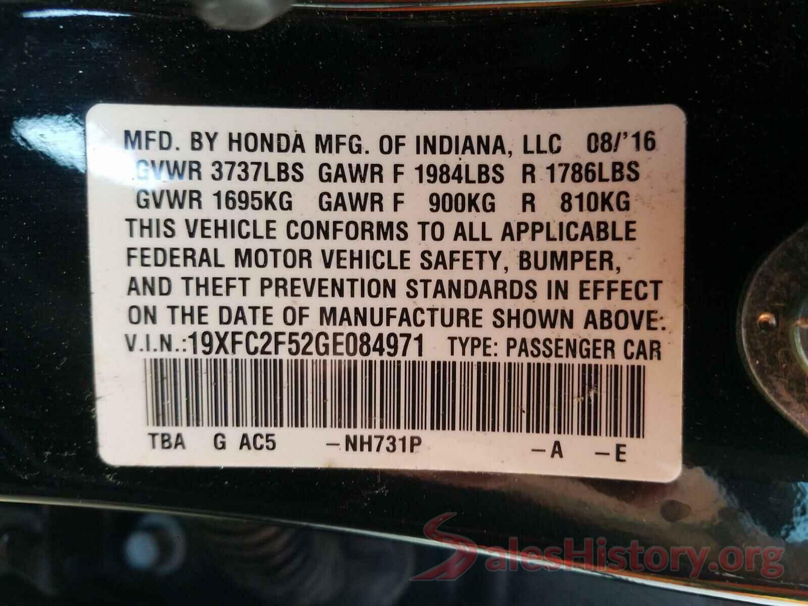 19XFC2F52GE084971 2016 HONDA CIVIC