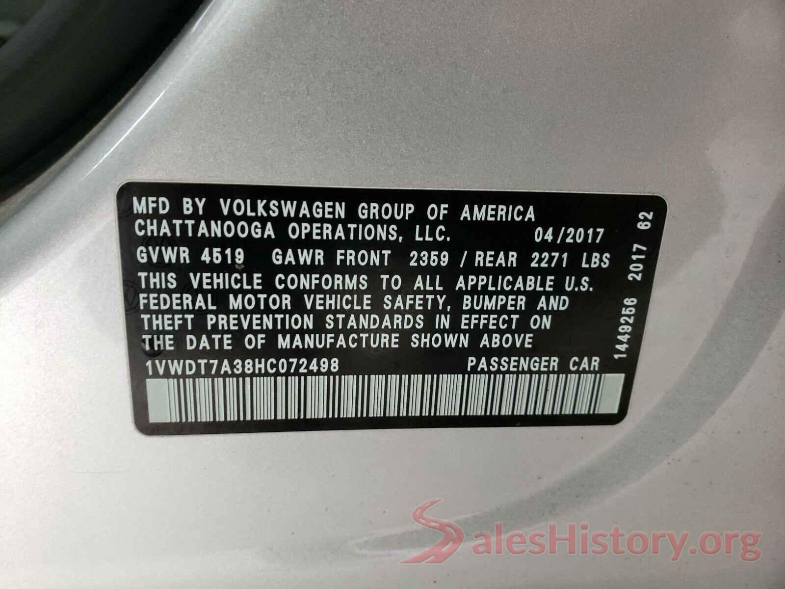 1VWDT7A38HC072498 2017 VOLKSWAGEN PASSAT