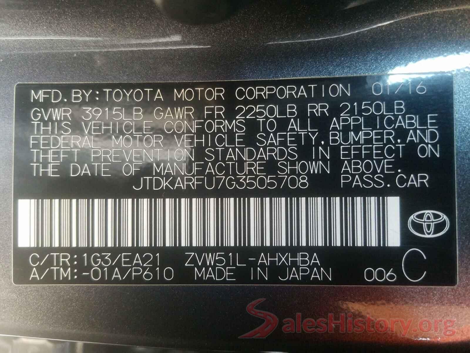 JTDKARFU7G3505708 2016 TOYOTA PRIUS