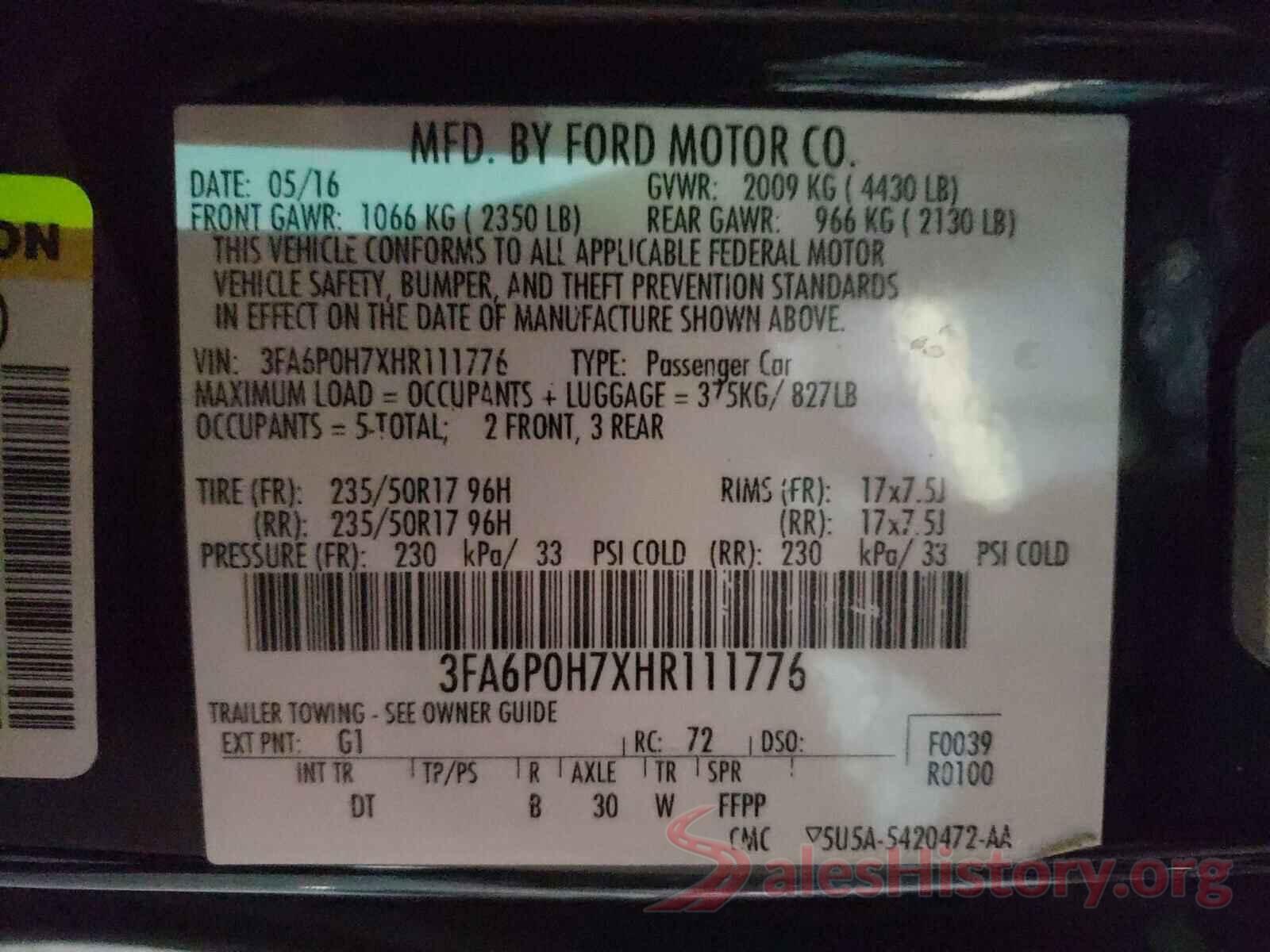 3FA6P0H7XHR111776 2017 FORD FUSION