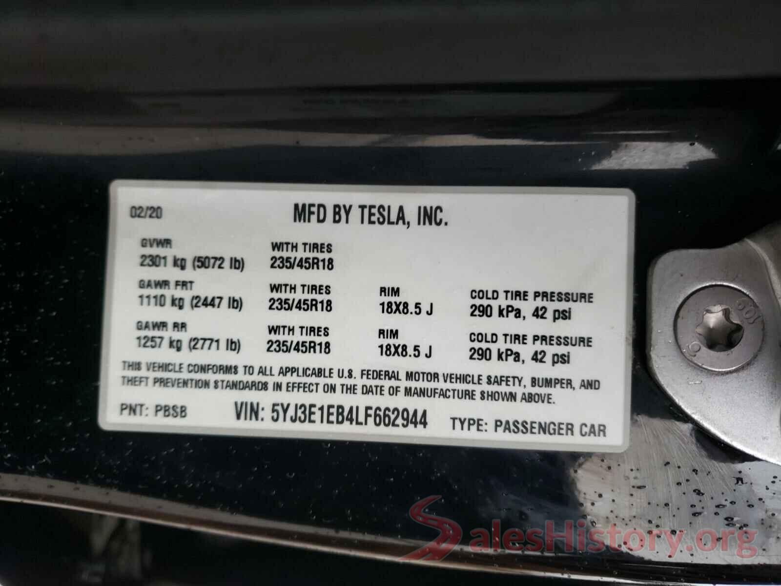 5YJ3E1EB4LF662944 2020 TESLA MODEL 3