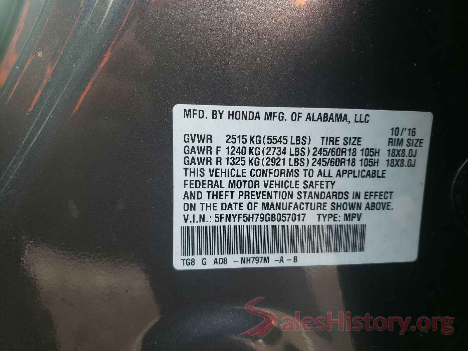 5FNYF5H79GB057017 2016 HONDA PILOT