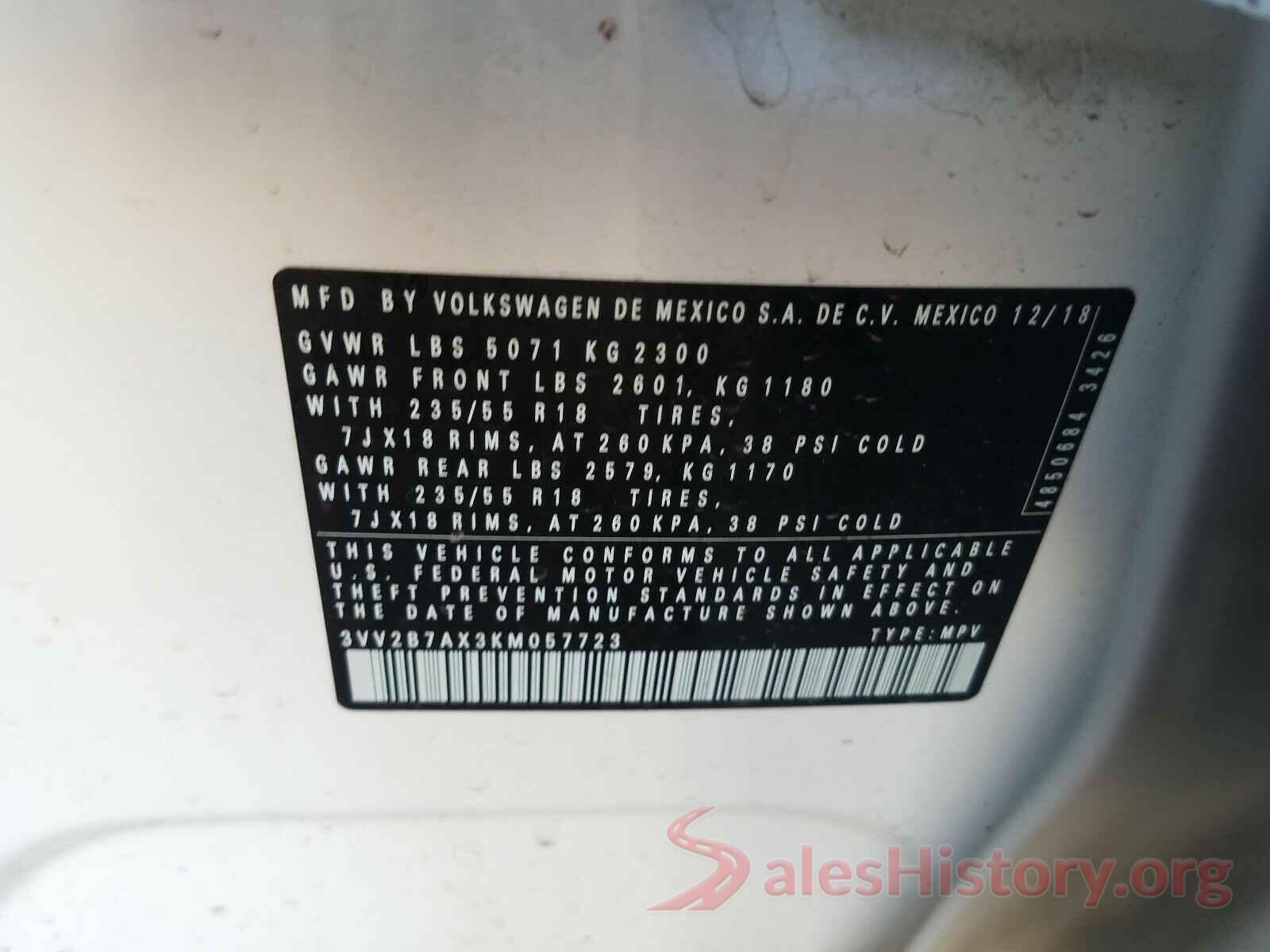 3VV2B7AX3KM057723 2019 VOLKSWAGEN TIGUAN