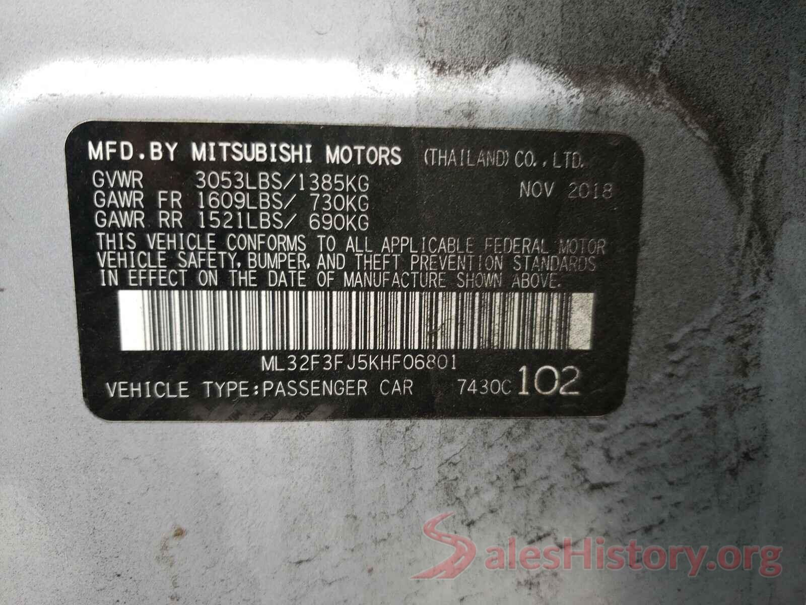 ML32F3FJ5KHF06801 2019 MITSUBISHI MIRAGE