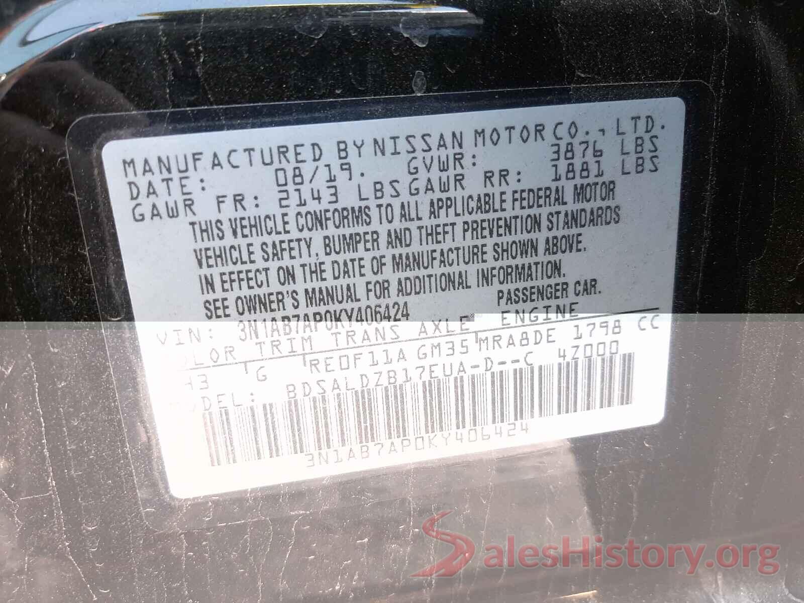 3N1AB7AP0KY406424 2019 NISSAN SENTRA