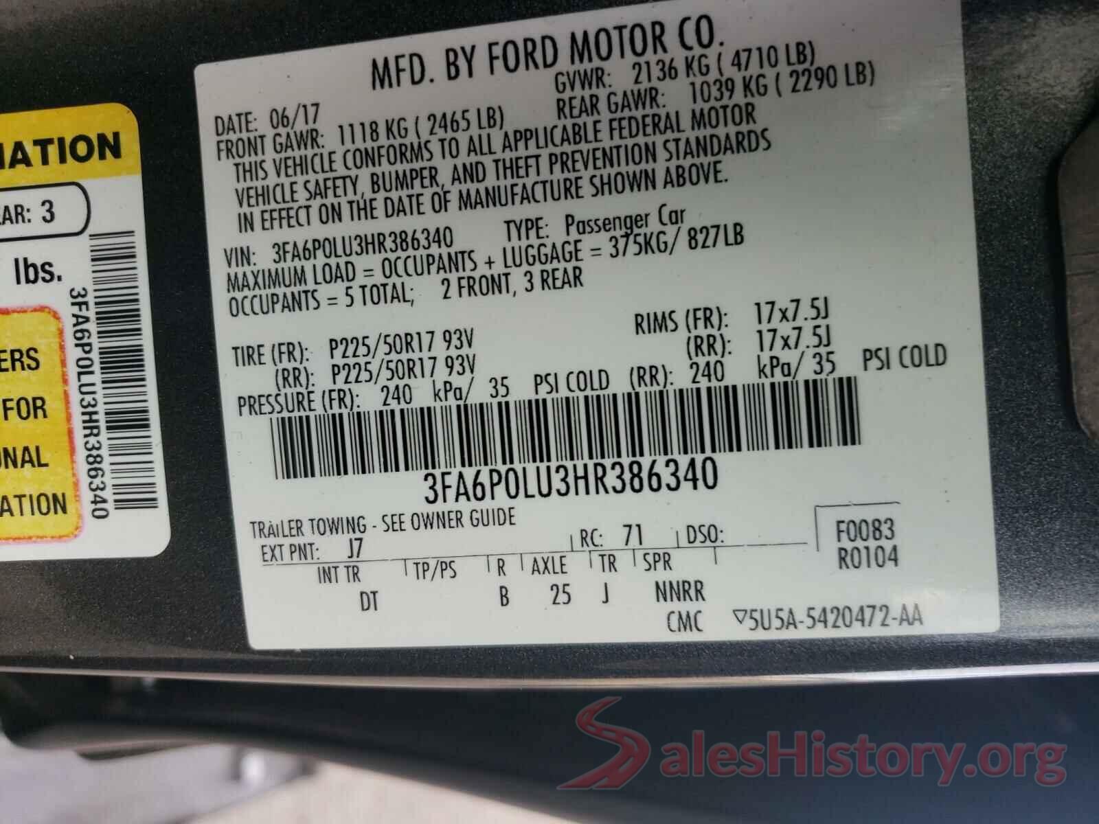 3FA6P0LU3HR386340 2017 FORD FUSION