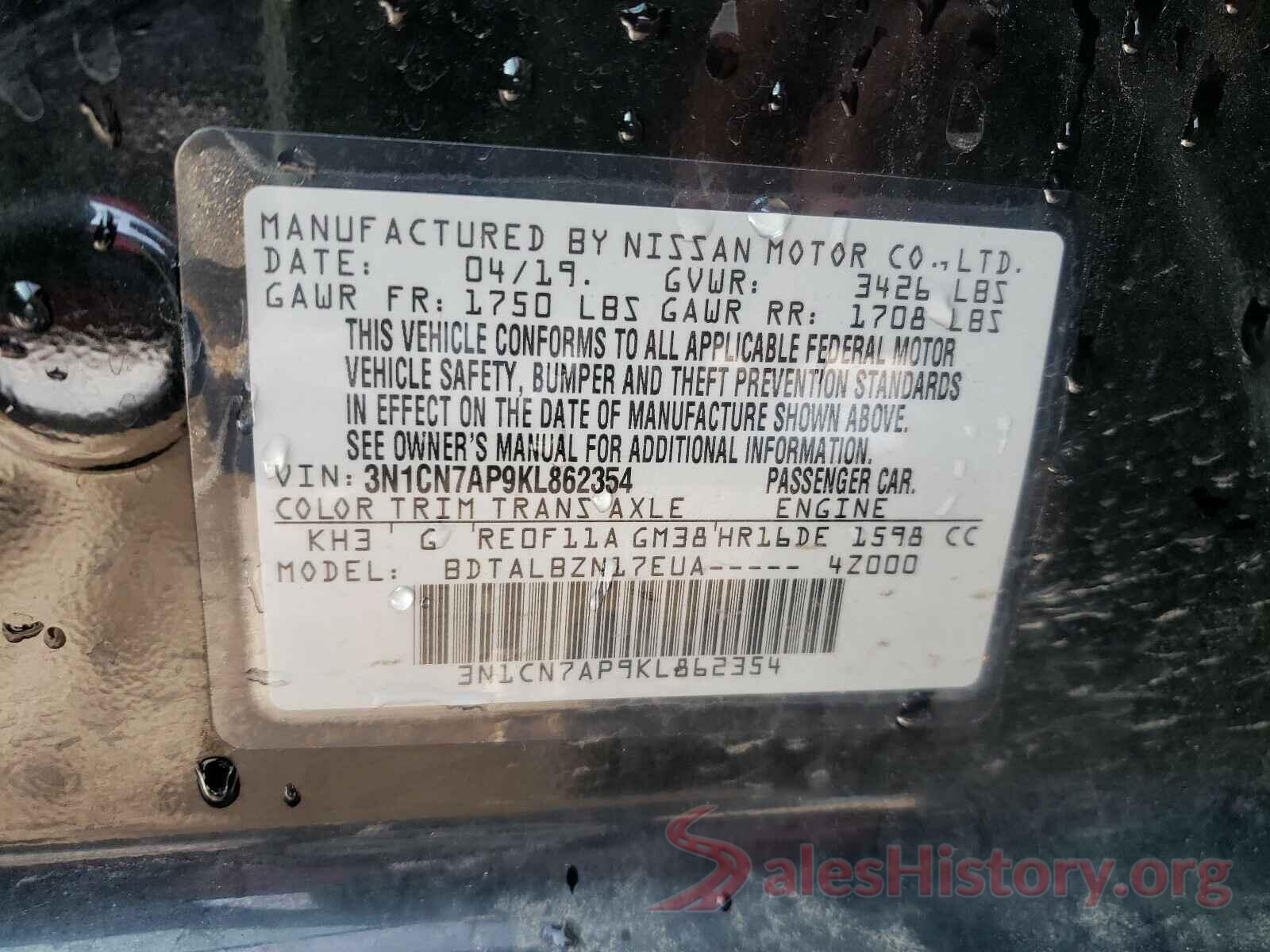 3N1CN7AP9KL862354 2019 NISSAN VERSA