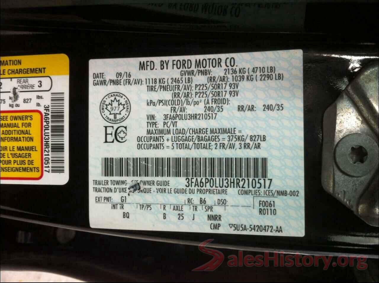 3FA6P0LU3HR210517 2017 FORD FUSION