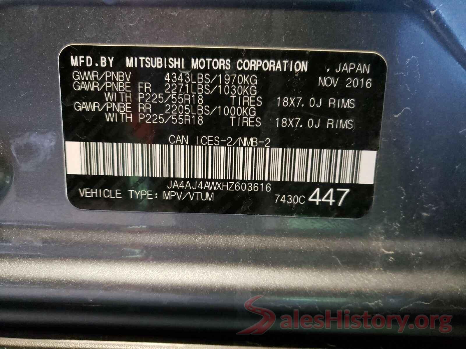 JA4AJ4AWXHZ603616 2017 MITSUBISHI OUTLANDER