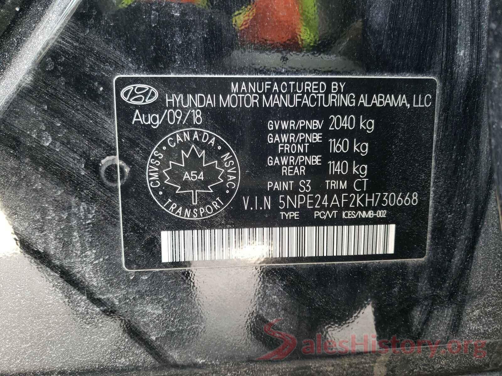 5NPE24AF2KH730668 2019 HYUNDAI SONATA