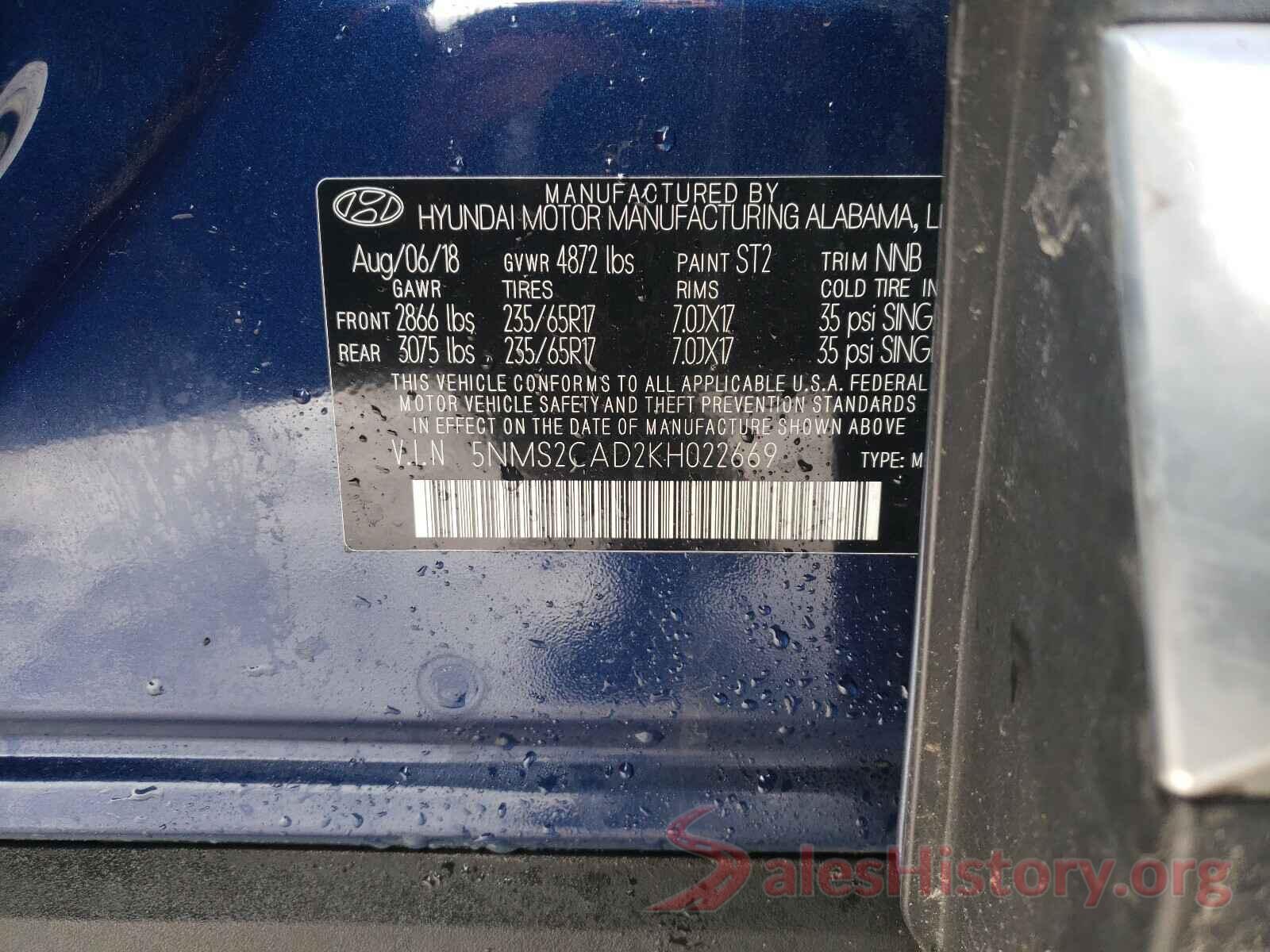 5NMS2CAD2KH022669 2019 HYUNDAI SANTA FE