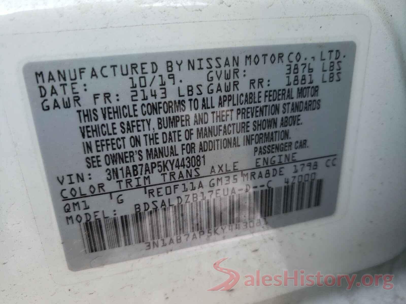 3N1AB7AP5KY443081 2019 NISSAN SENTRA