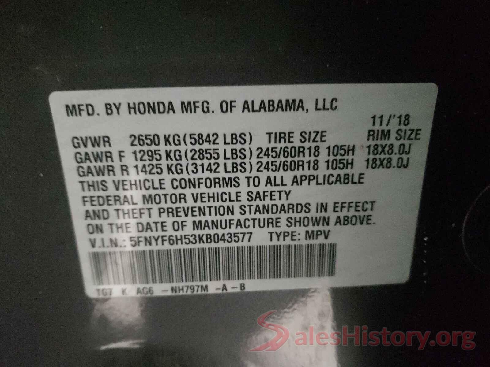 5FNYF6H53KB043577 2019 HONDA PILOT