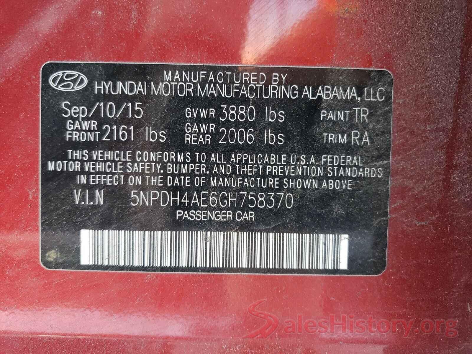 5NPDH4AE6GH758370 2016 HYUNDAI ELANTRA