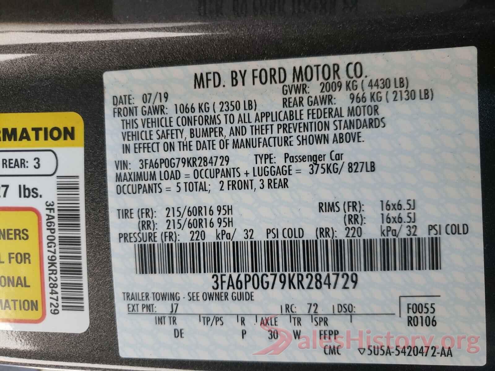 3FA6P0G79KR284729 2019 FORD FUSION