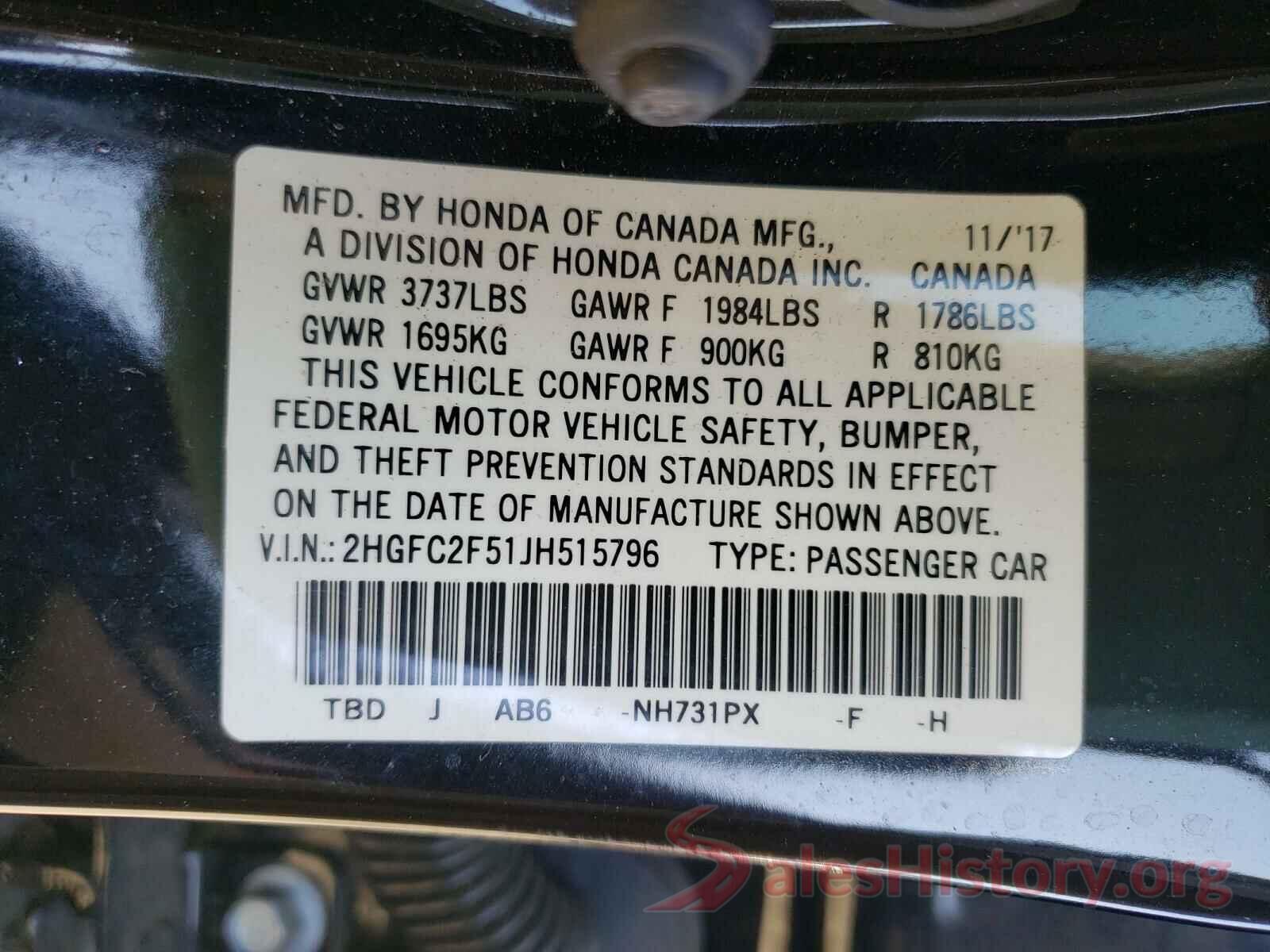 2HGFC2F51JH515796 2018 HONDA CIVIC