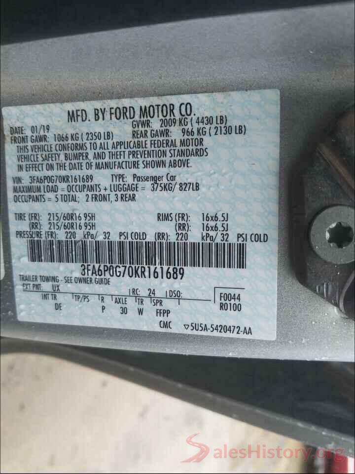 3FA6P0G70KR161689 2019 FORD FUSION