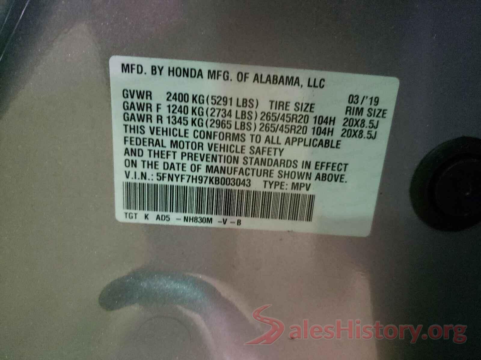 5FNYF7H97KB003043 2019 HONDA PASSPORT